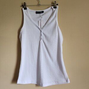 MEROKEETY Ribbed Knit Button Sleeveless Summer White Shirt Sz Small NWT